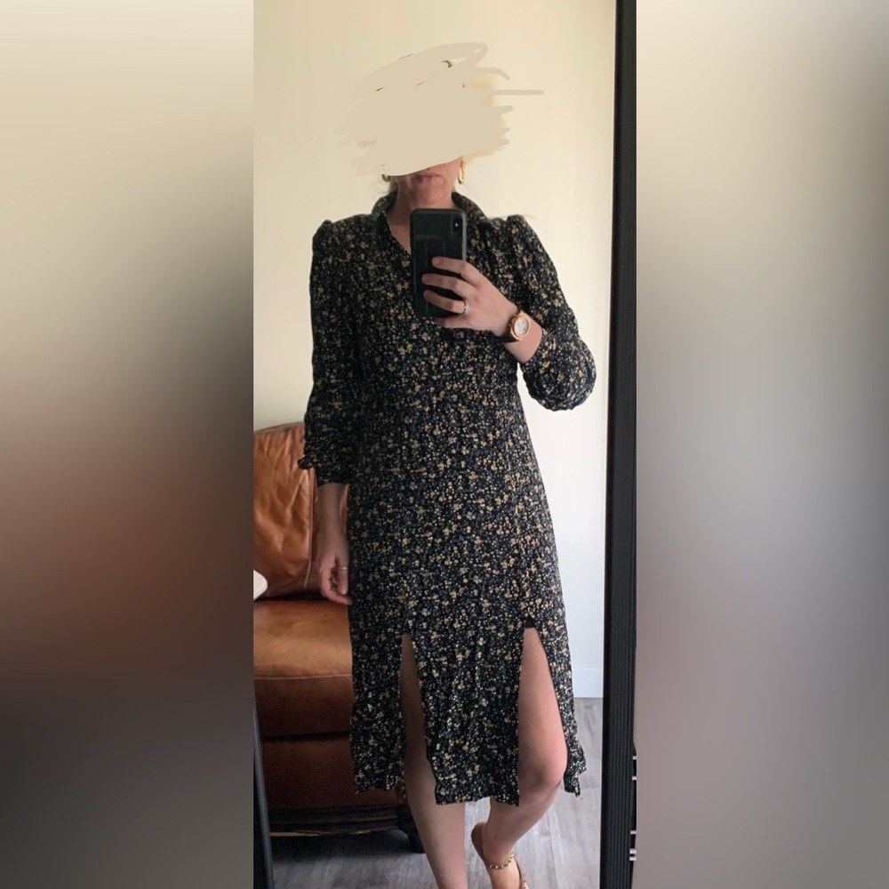 Classic Black and Yellow Floral Long Sleeve Dress